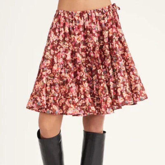 Merlette Hill Mini Skirt Terracotta Floral Printed Tiered High Waisted L